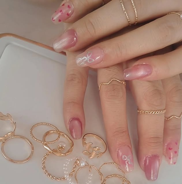 Manos con uñas rosas y diseños blancos realizados por Eli de Luna